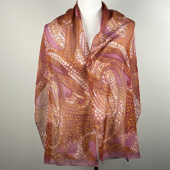 Cejon Paisley Pinks Orange Rectangular Scarf Semi Sheer Poly Chiffon Italy OS - Picture 5 of 12